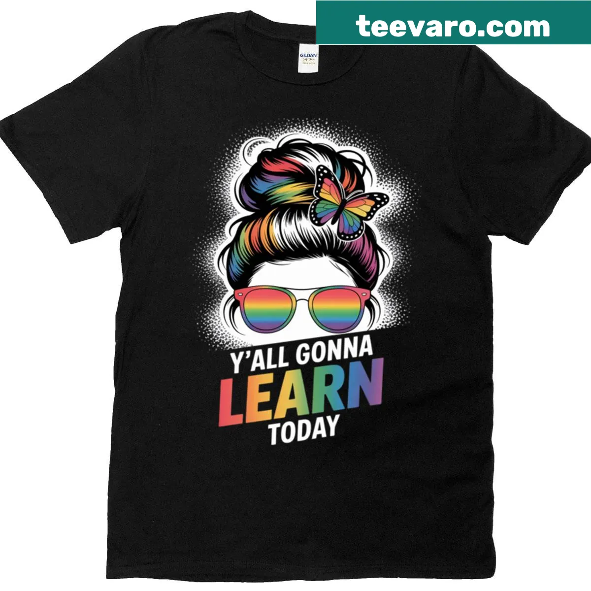 Teacher shirt with a humorous quote about learning and a messy bun hairstyle — on a men's t-shirt