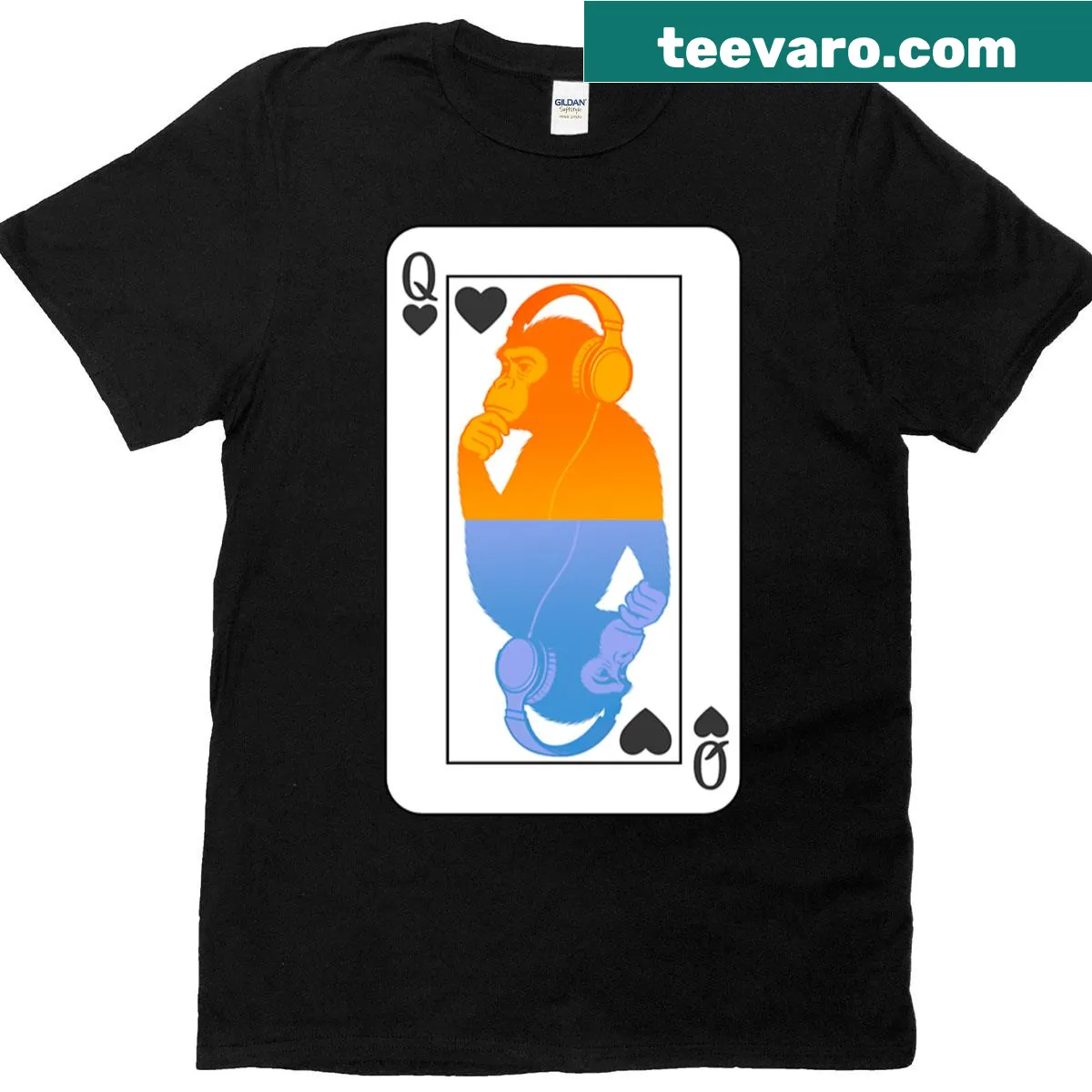 Funky T-shirt featuring a Monkey Queen of Spades with headphones — on a men's t-shirt