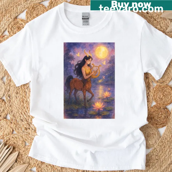 Enchanting t-shirt depicting a centaur playing an instrument under moonlight