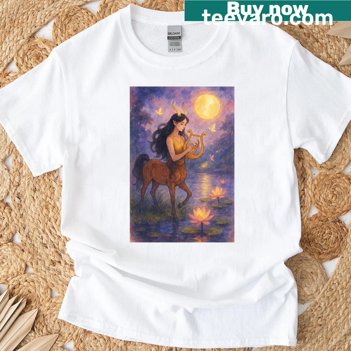 Enchanting t-shirt depicting a centaur playing an instrument under moonlight — on a men's t-shirt