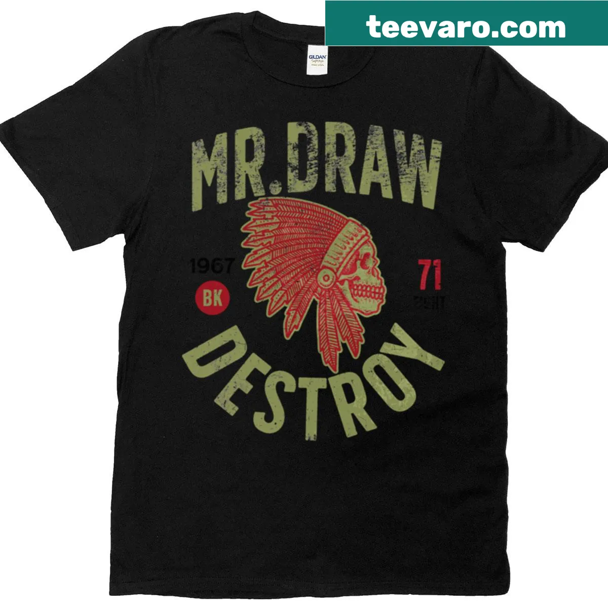 Vintage distressed t-shirt with 'Mrdraw Destroy 1967' text — on a men's t-shirt