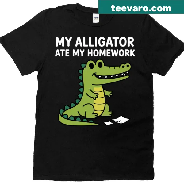 T-shirt with a humorous quote about an alligator eating homework