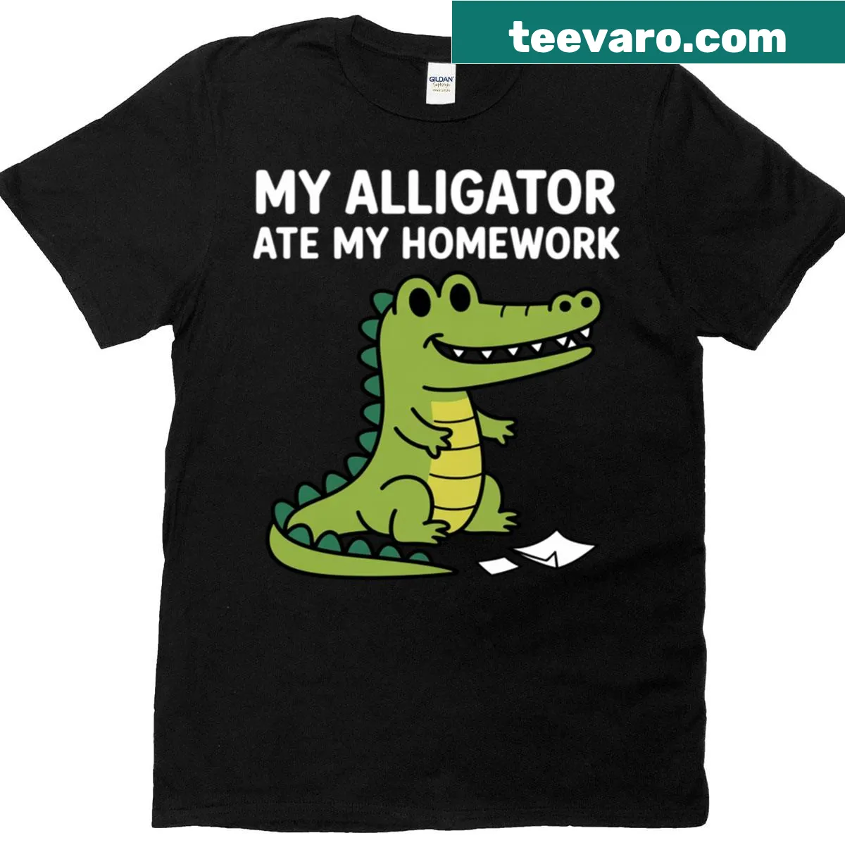 T-shirt with a humorous quote about an alligator eating homework — on a men's t-shirt