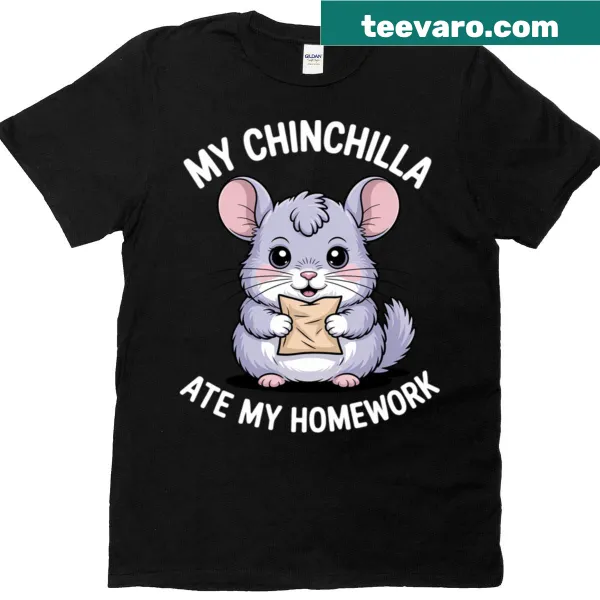 Illustrative t-shirt featuring a chinchilla humorously claiming it ate the homework