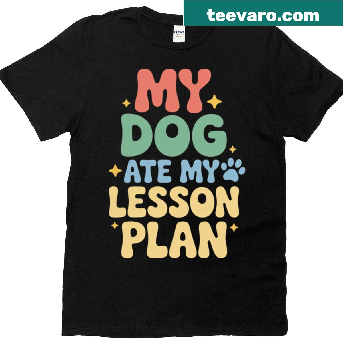 Funny t-shirt for teachers with the phrase 'My Dog Ate My Lesson Plan' in bold typography — on a men's t-shirt