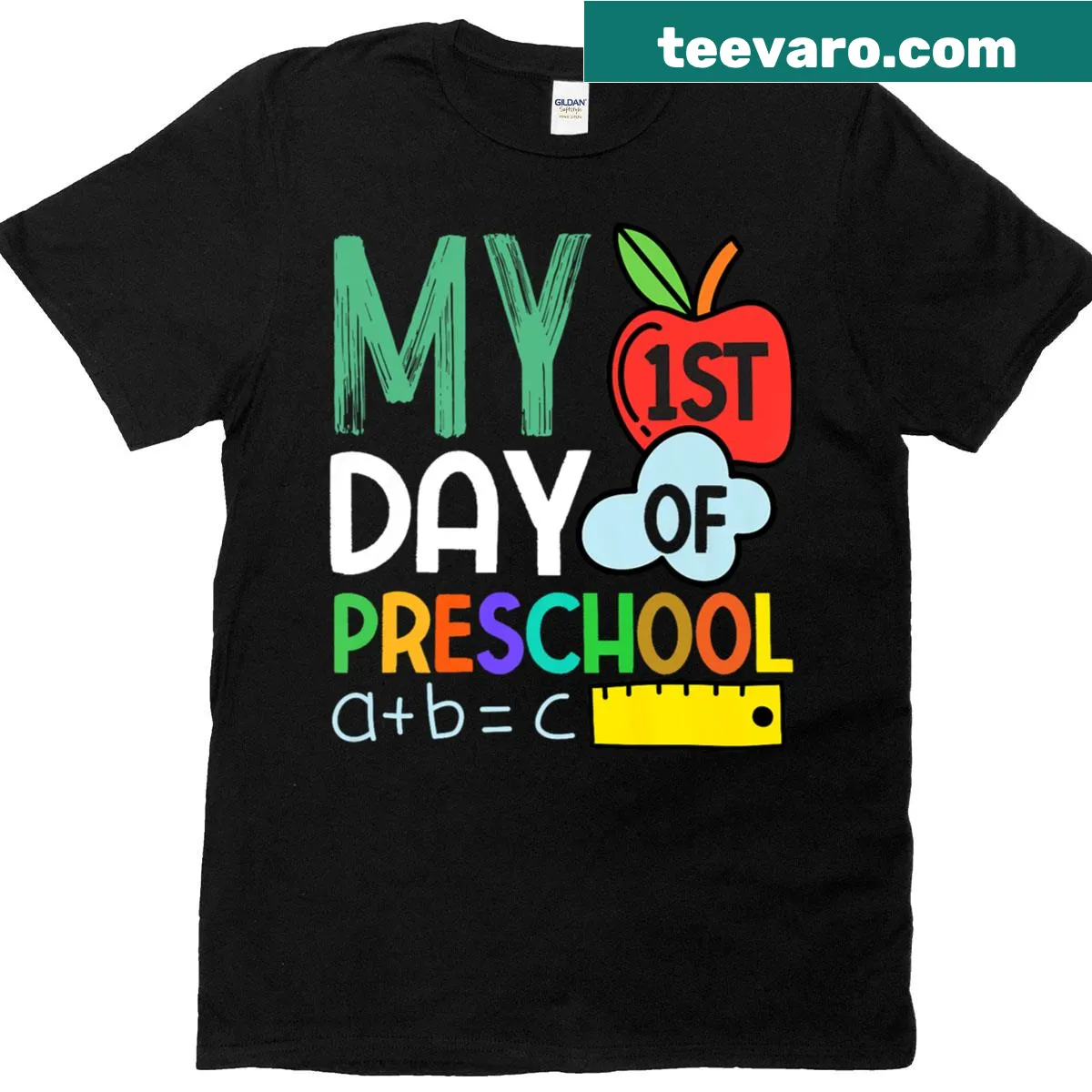 T-shirt featuring a rainbow design celebrating a child's first day of preschool — on a men's t-shirt