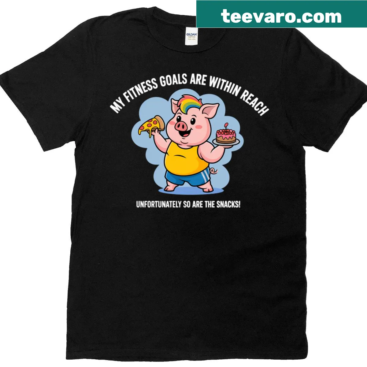 Humorous t-shirt with text about fitness goals and snacks — on a men's t-shirt