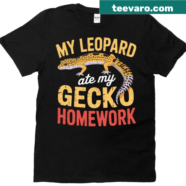 Funny t-shirt with 'My Leopard Gecko Ate My Homework' text and gecko graphic