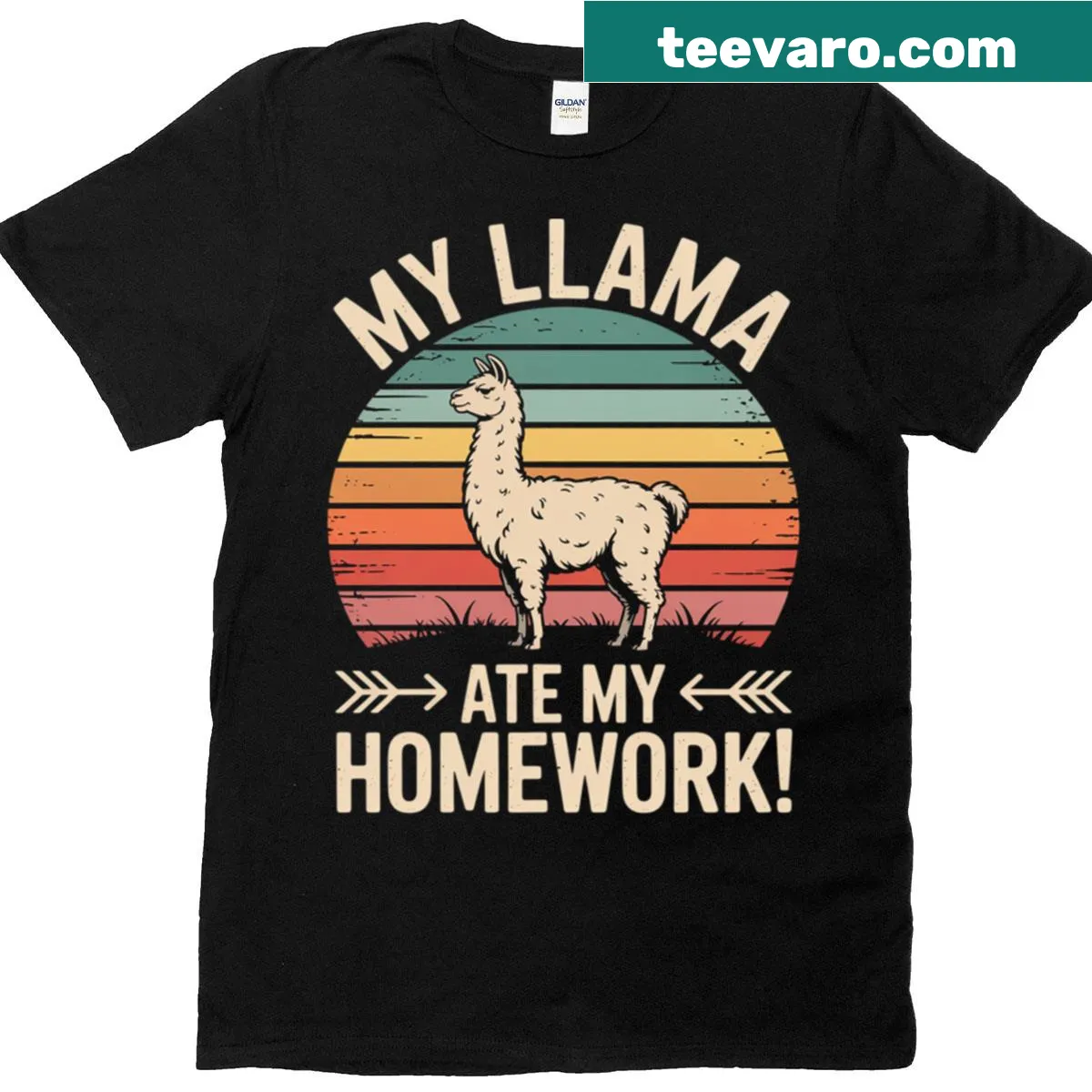 T-shirt featuring a llama and the phrase 'My Llama Ate My Homework' — on a men's t-shirt
