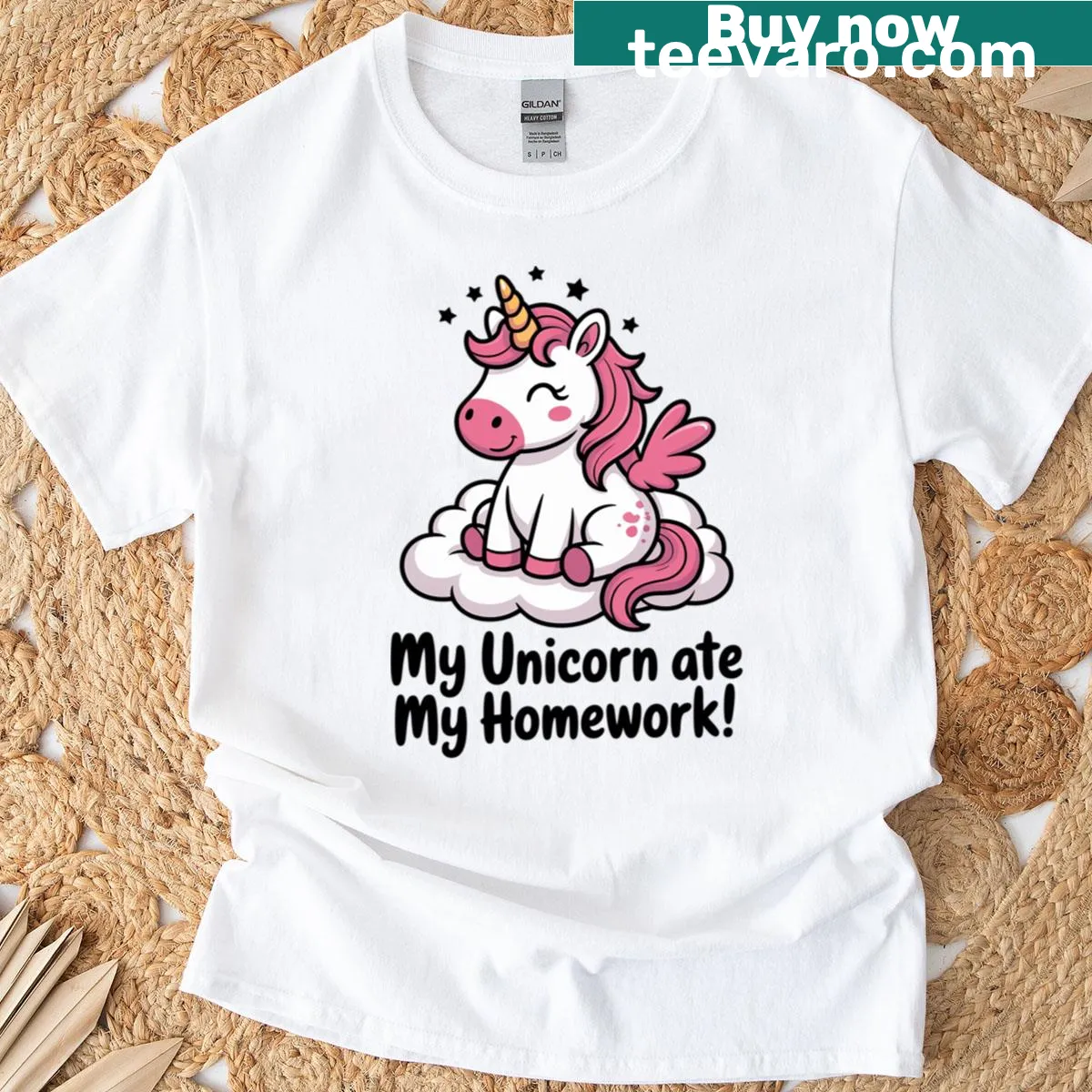 Cute shirt with unicorn graphic and homework excuse text — on a men's t-shirt