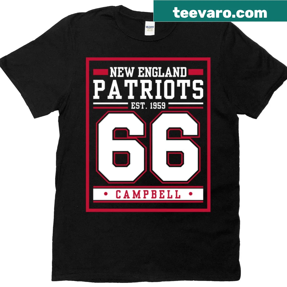 New England Campbell 66 football player t-shirt featuring bold lettering — on a men's t-shirt
