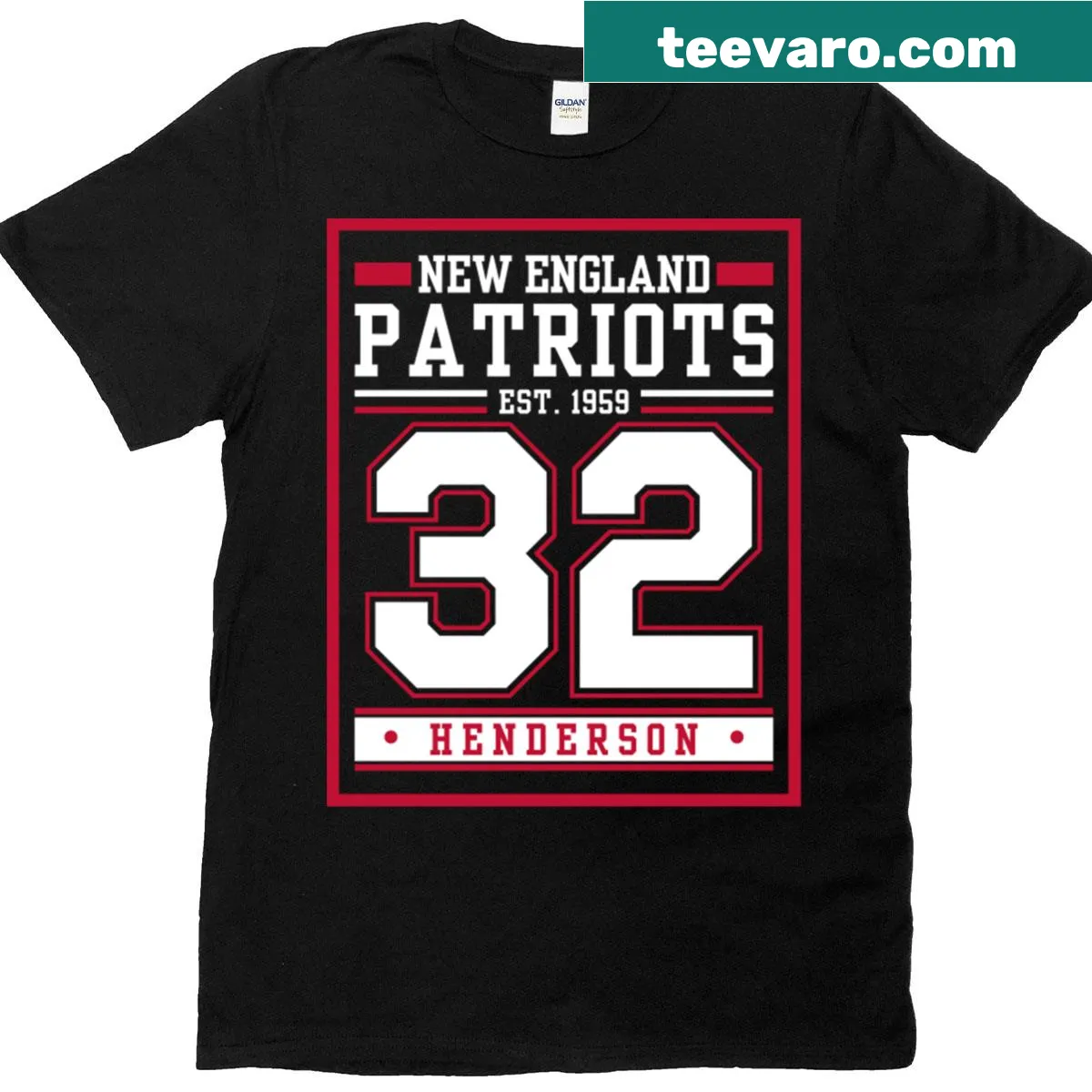 New England Henderson 32 football player t-shirt design featuring his name — on a men's t-shirt