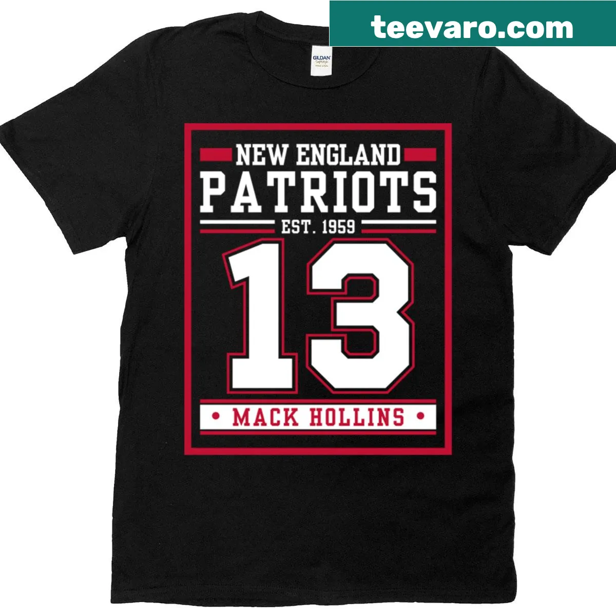 Simple football t-shirt with New England Hollins and number 13 — on a men's t-shirt