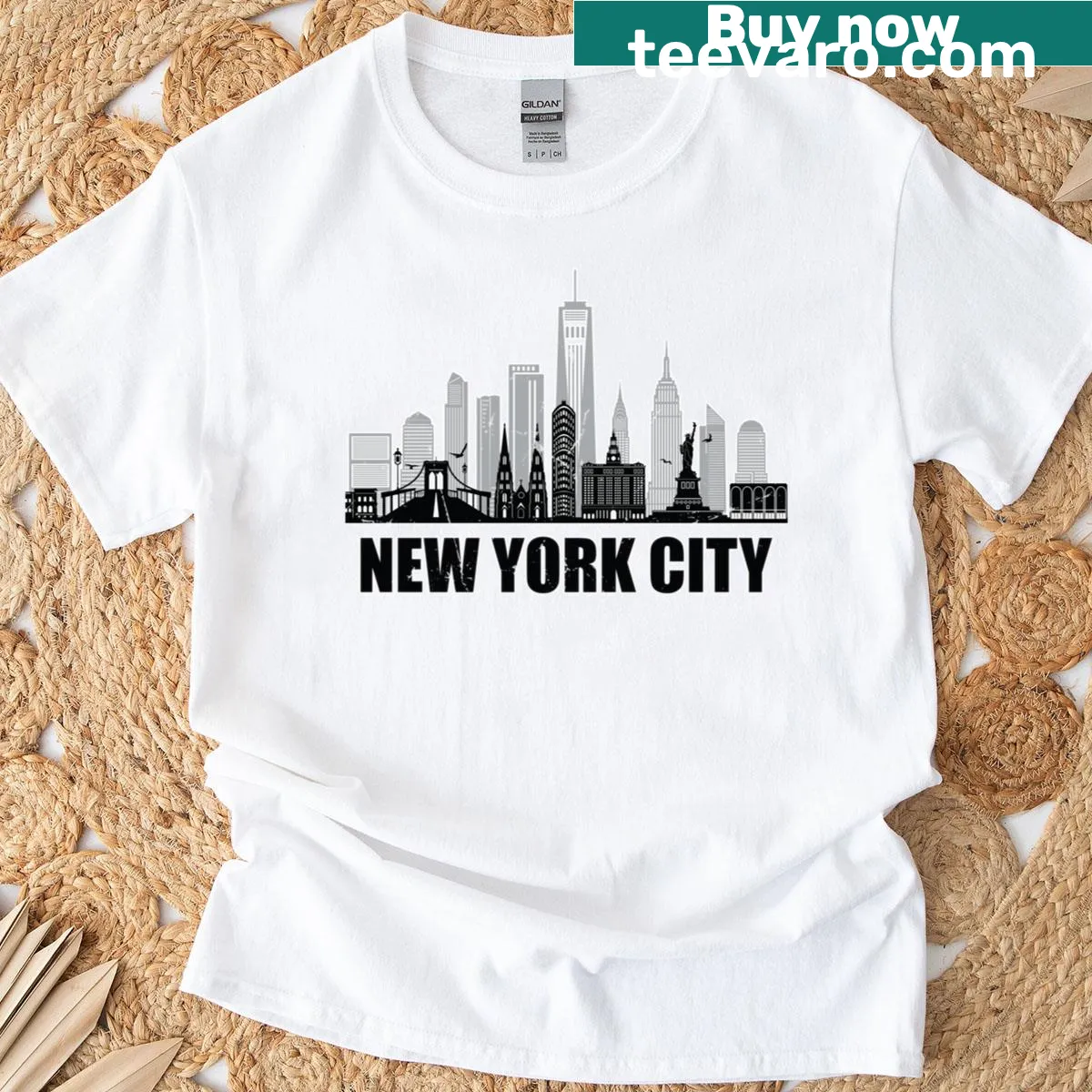 T-shirt featuring New York City skyline and heartbeat graphic with Statue of Liberty — on a men's t-shirt