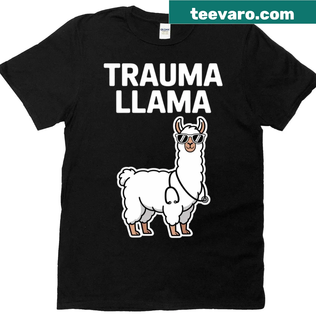 Humorous Nurse Trauma Llama t-shirt with cartoon llama in scrubs — on a men's t-shirt