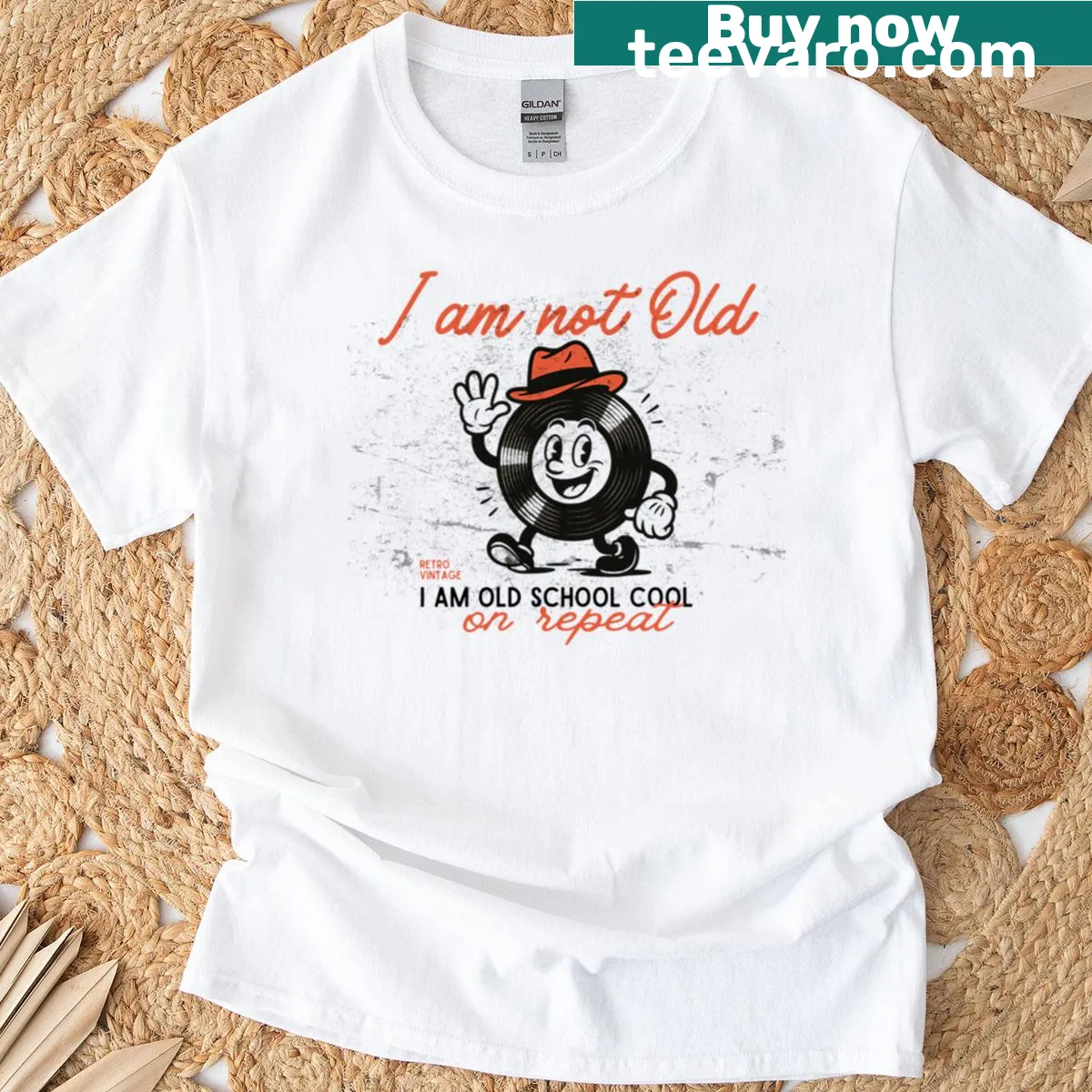 Vintage-style T-shirt with graphic of vinyl records — on a men's t-shirt