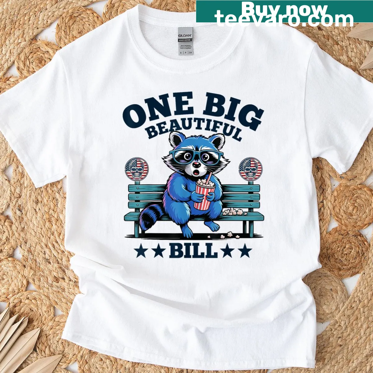 Cartoon raccoon design with the funny phrase 'One Big Beautiful Bill' — on a men's t-shirt