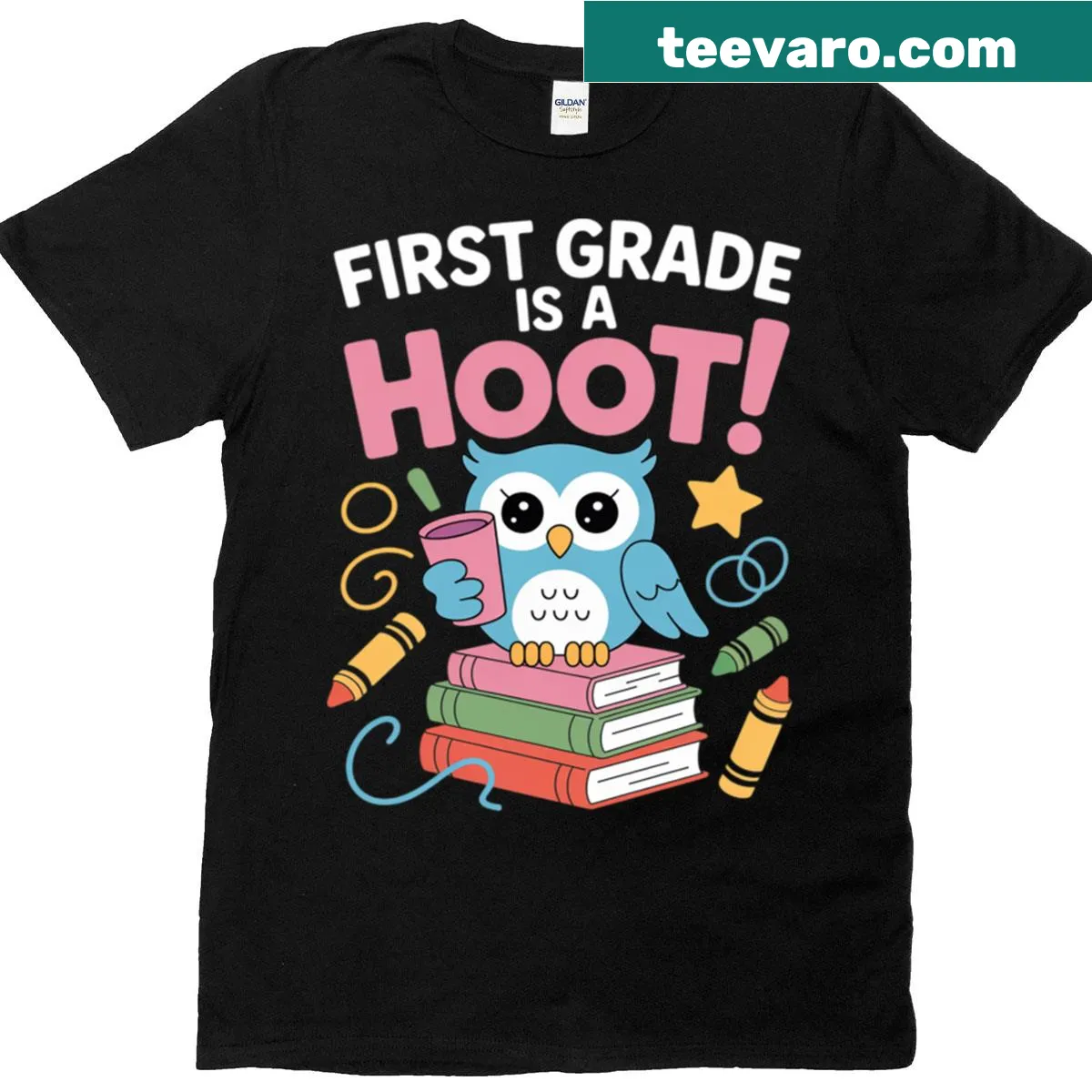 Owl graphic with text 'First Grade Is A Hoot' on a school t-shirt — on a men's t-shirt