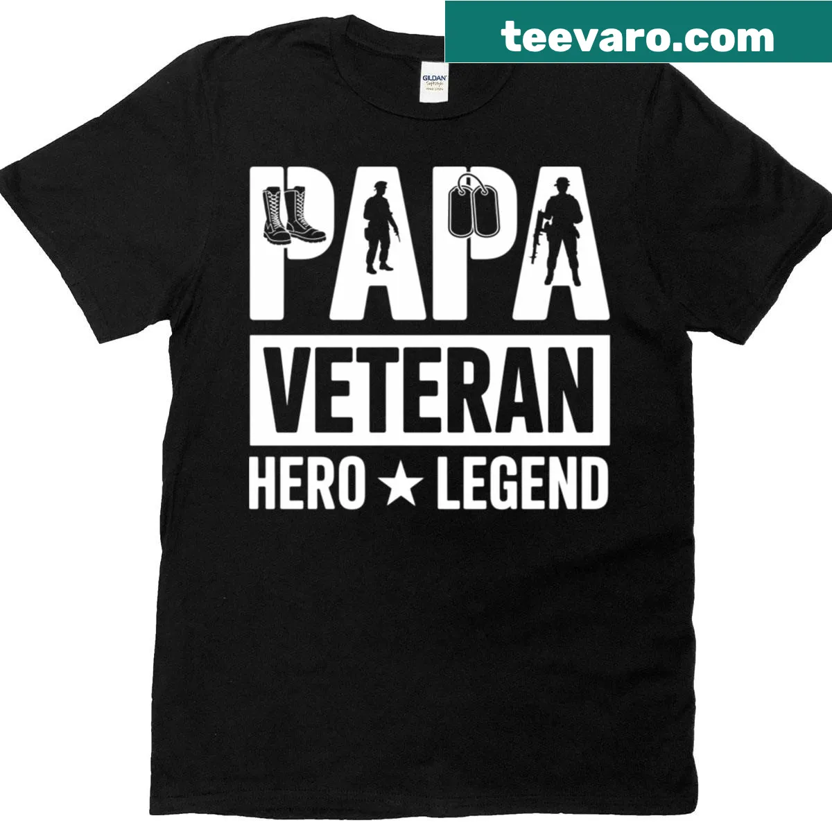 Patriotic veteran t-shirt with US flag and 'Papa Veteran Hero Legend' text — on a men's t-shirt