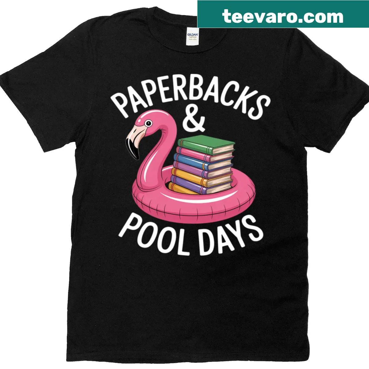 Flamingo and book graphic for summer reading lovers — on a men's t-shirt