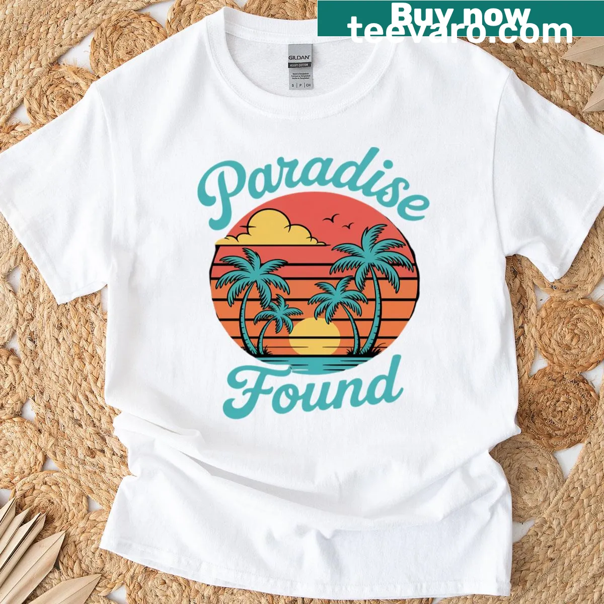 Tropical vacation T-shirt with sunset beach illustration — on a men's t-shirt