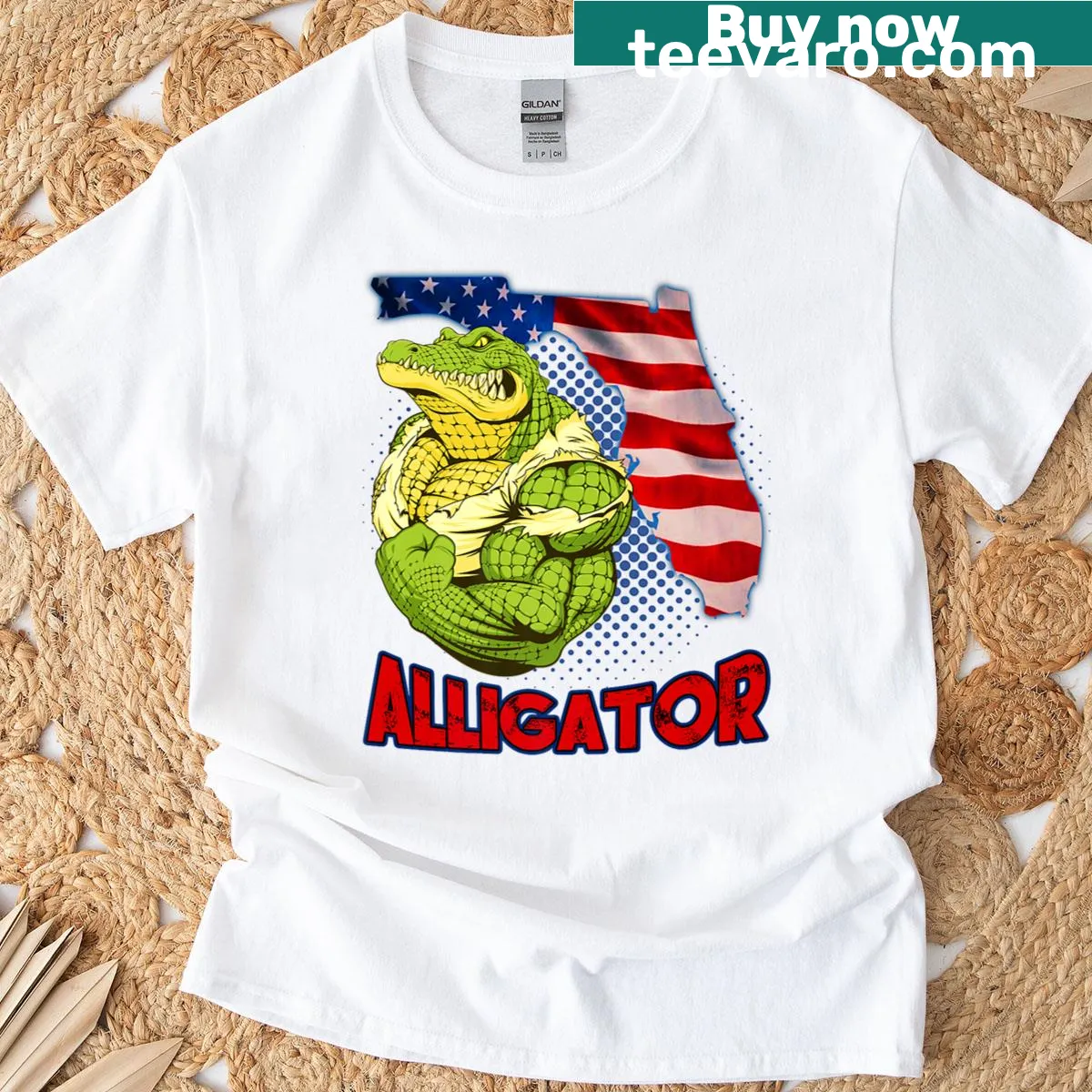 Alligator illustration with the American flag design — on a men's t-shirt