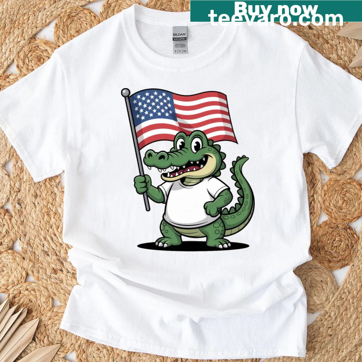 Alligator graphic with the American flag illustration — on a men's t-shirt