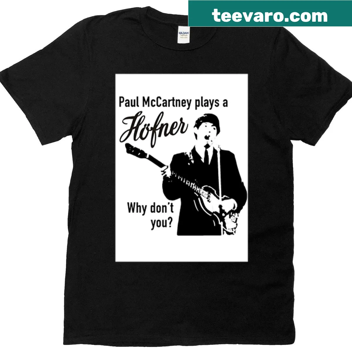 Oversized shirt featuring Paul McCartney's Hofner bass guitar — on a men's t-shirt