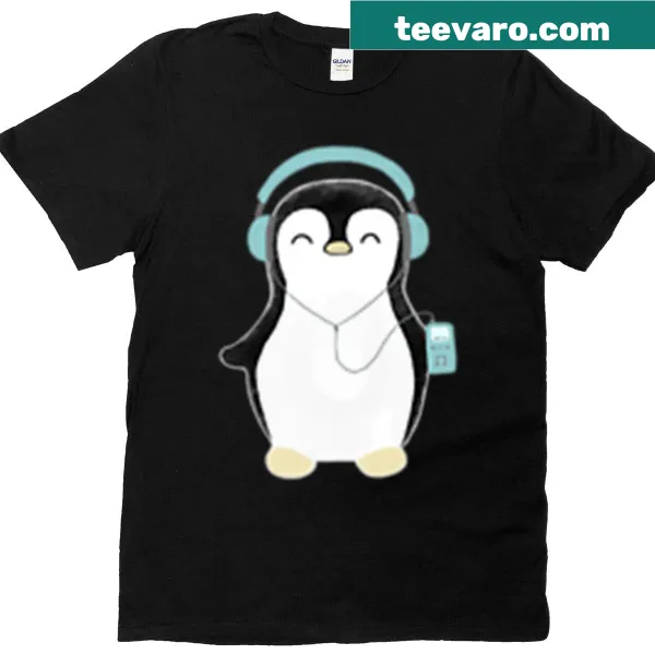 Illustration of a penguin listening to music with headphones