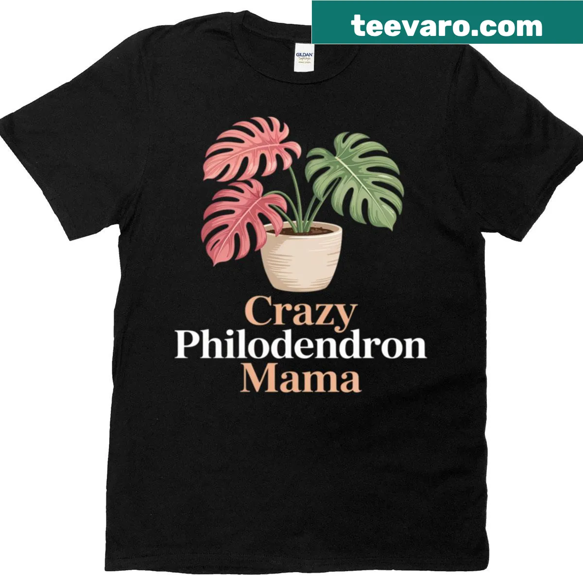 Illustrated T-shirt featuring a Pink Princess Philodendron plant — on a men's t-shirt