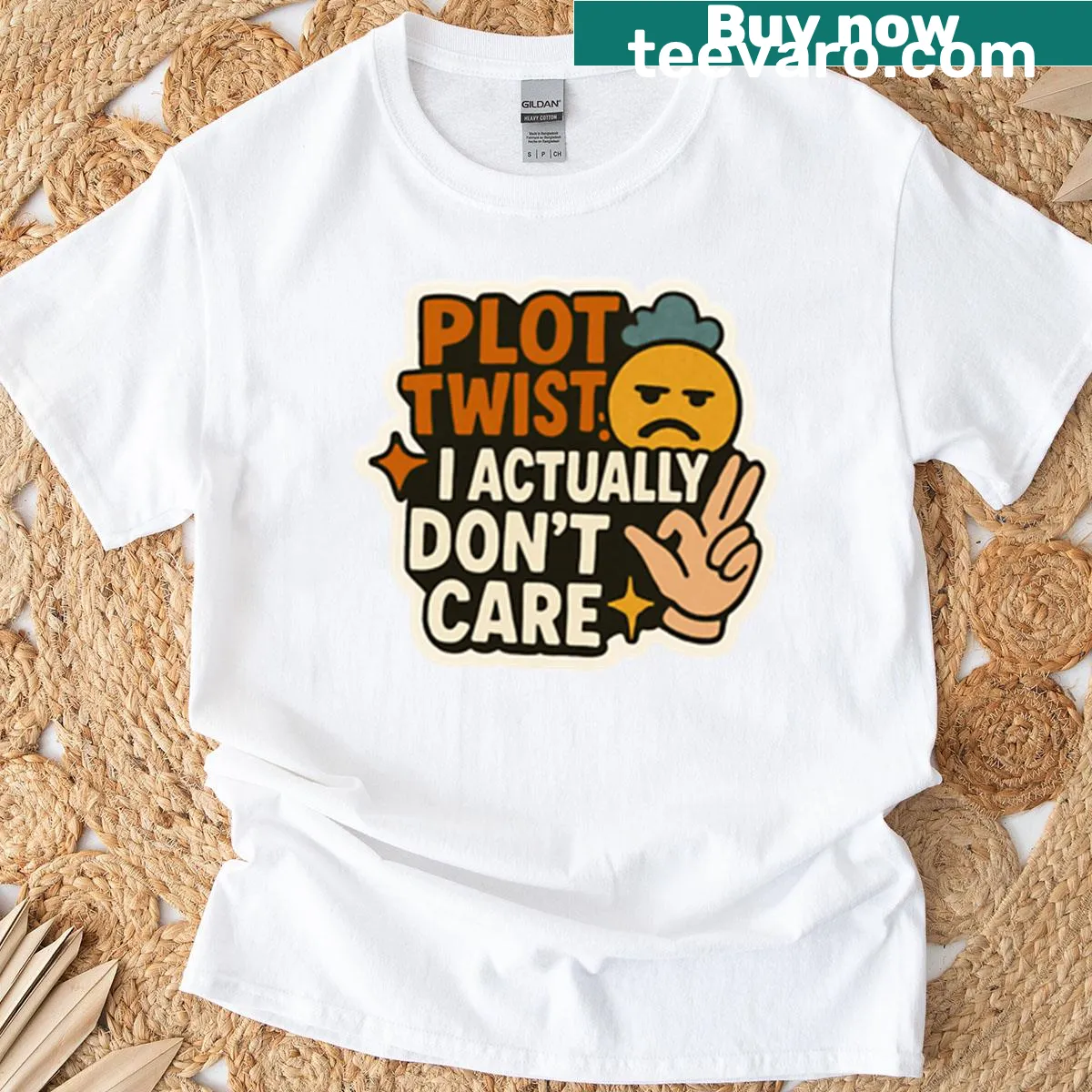 Sarcastic t-shirt with the phrase 'Plot Twist: I Actually Don’t Care' and emoji graphic. — on a men's t-shirt