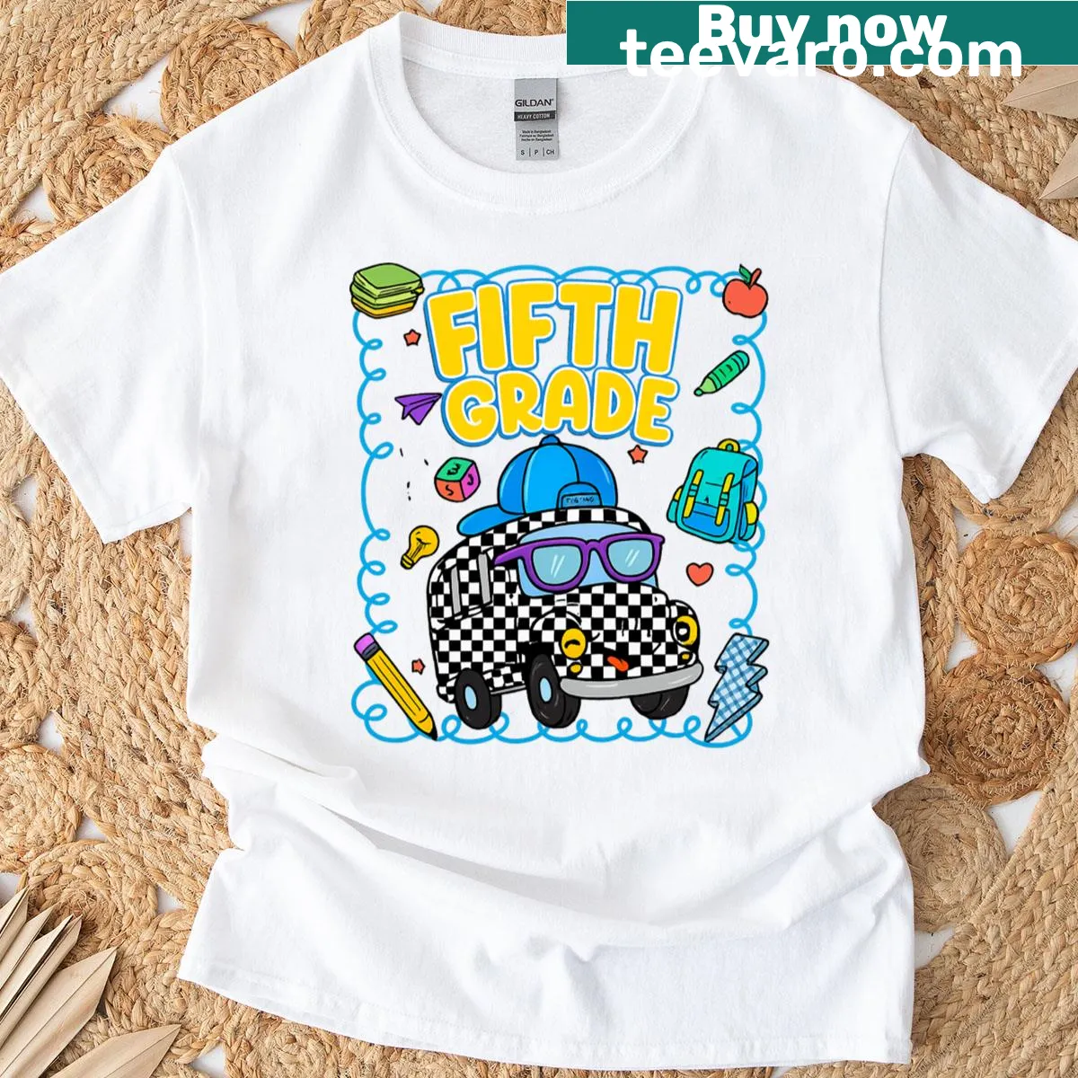 T-shirt with a cartoon school bus design for kids. — on a men's t-shirt