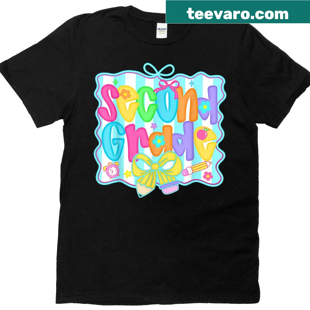 Second grade teacher t-shirt with a bow design for back to school — on a men's t-shirt