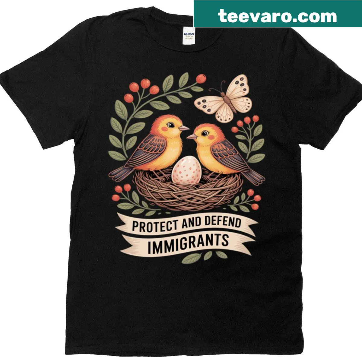 Graphic t-shirt promoting 'Protect And Defend Immigrants' message — on a men's t-shirt