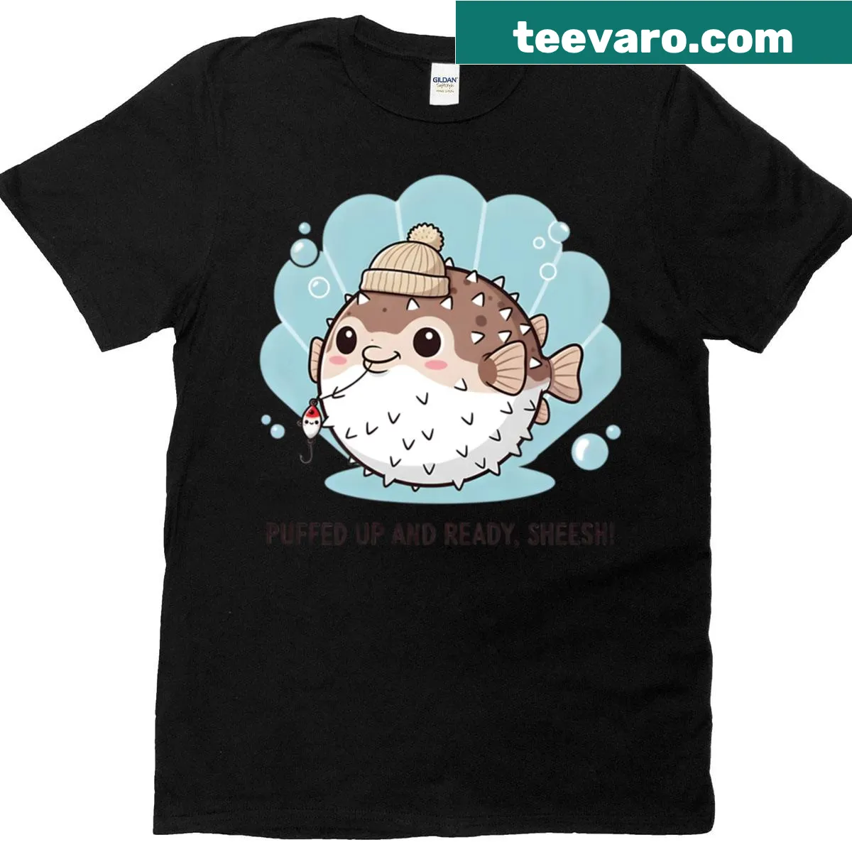 Kawaii pufferfish meme T-shirt featuring cute digital art — on a men's t-shirt