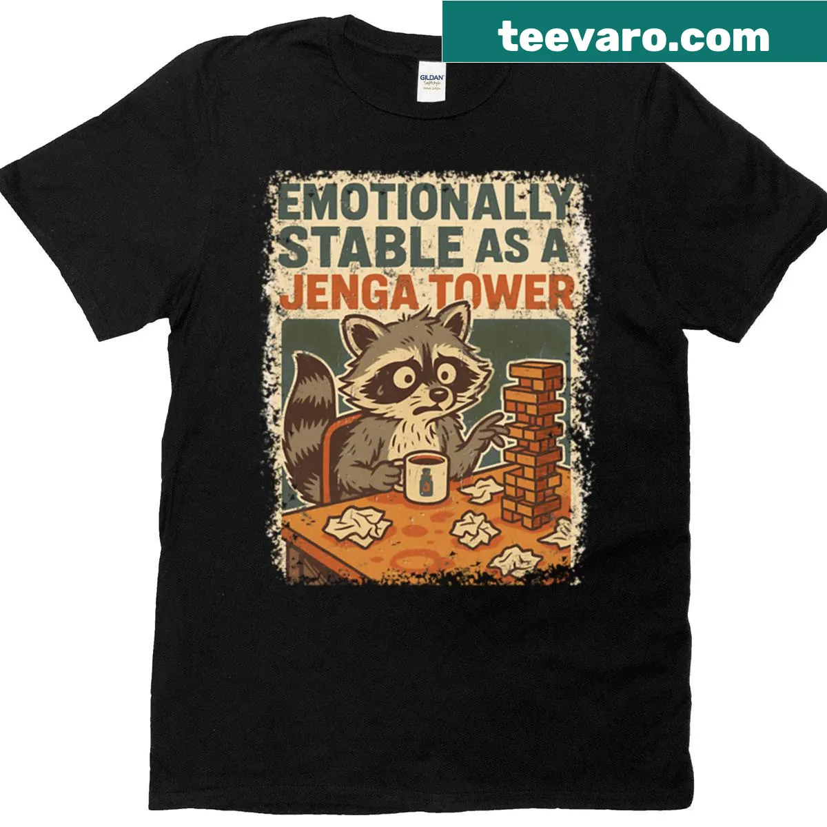 Funny raccoon graphic with Jenga tower theme on a t-shirt — on a men's t-shirt