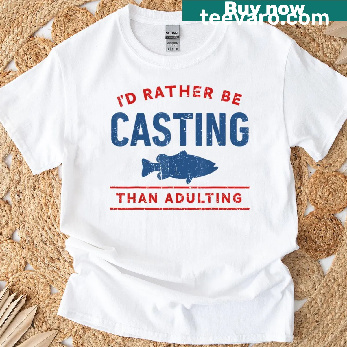 Funny fishing t-shirt with 'Rather Be Casting Than Adulting' text — on a men's t-shirt