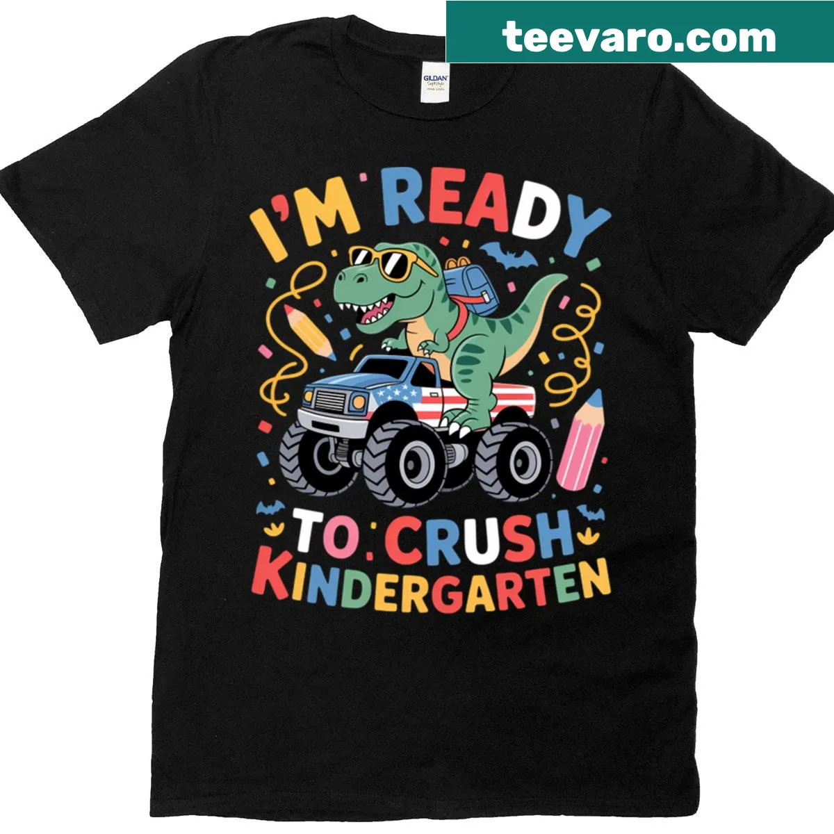 Boys’ T-shirt with monster truck and T-rex graphic illustration — on a men's t-shirt