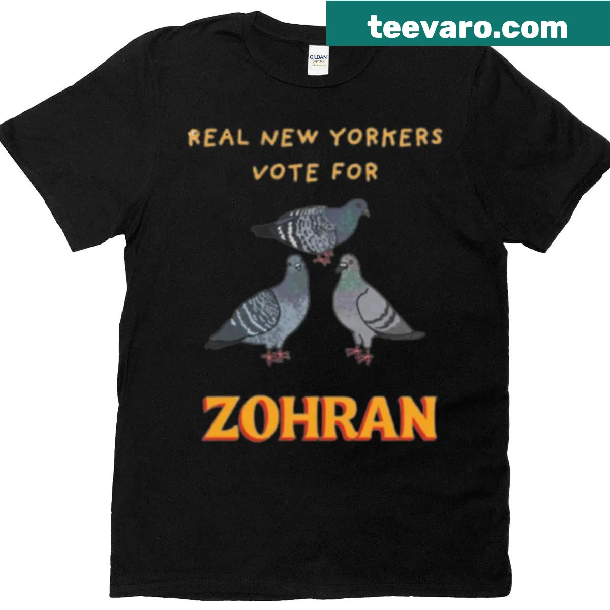 NYC-themed t-shirt with pigeon graphic supporting Zohran — on a men's t-shirt
