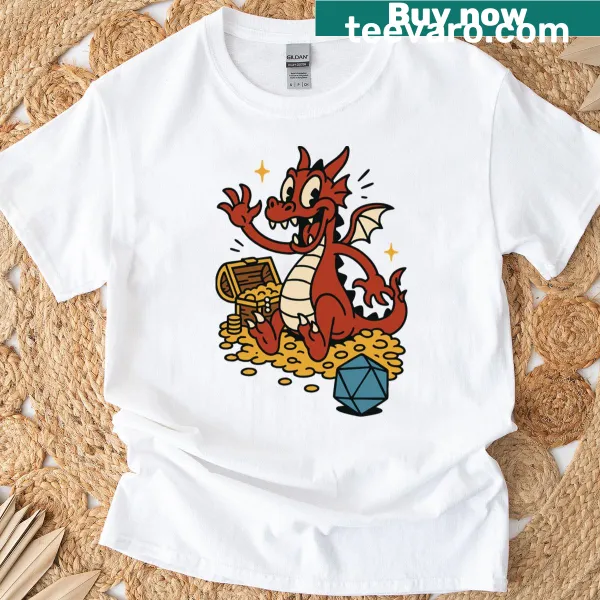 Graphic T-shirt with a red dragon and blue D20 dice design