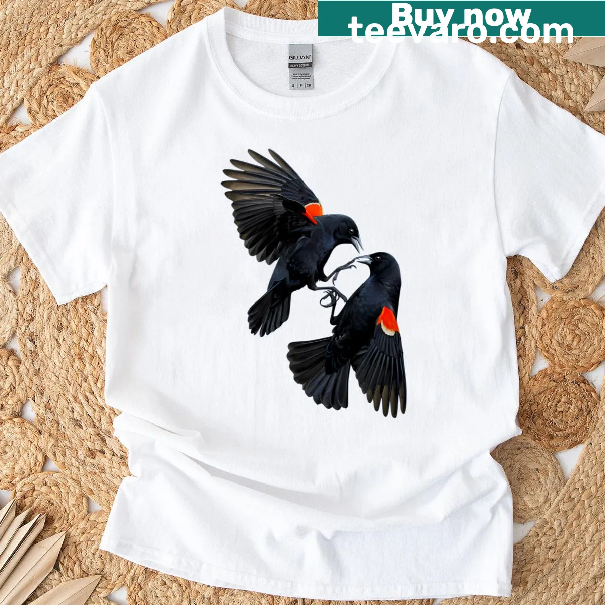 T-shirt with an illustrated red-winged blackbird, ideal for birdwatchers — on a men's t-shirt