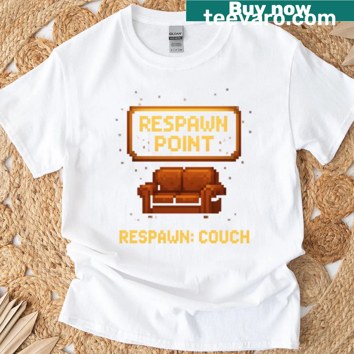Pixel art graphic t-shirt featuring respawn point concept — on a men's t-shirt