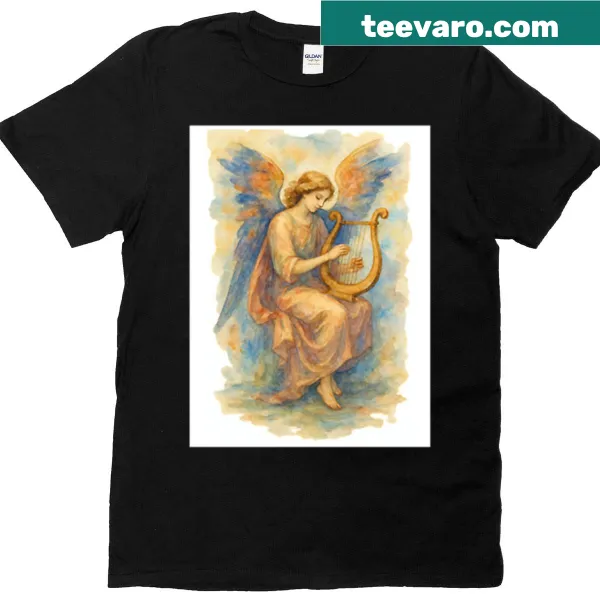 Illustration of a resting angel on a premium t-shirt.