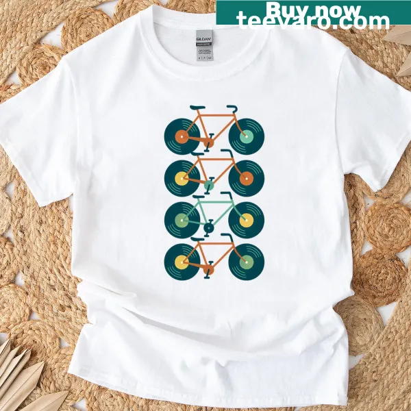 T-shirt featuring a retro bicycle design made from vinyl records