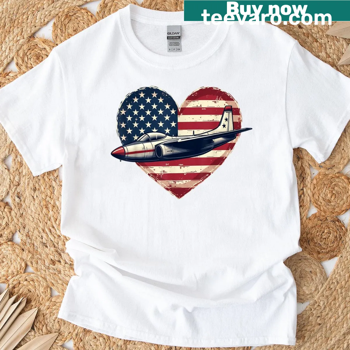 Retro fighter jet t-shirt with American flag heart design — on a men's t-shirt