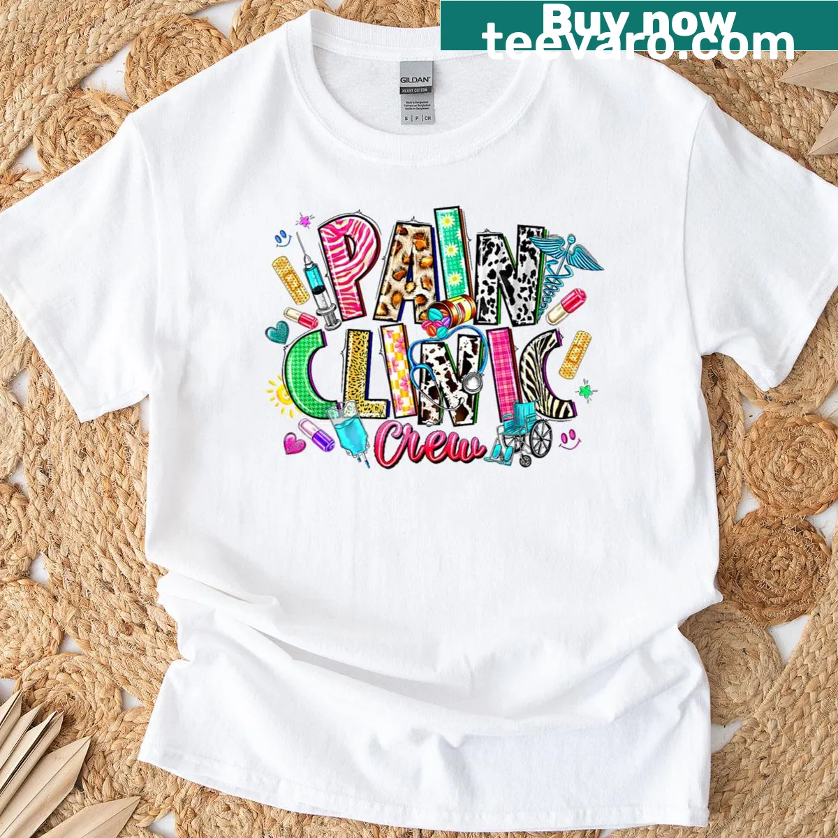 Retro leopard graphic designed for pain management nurses — on a men's t-shirt