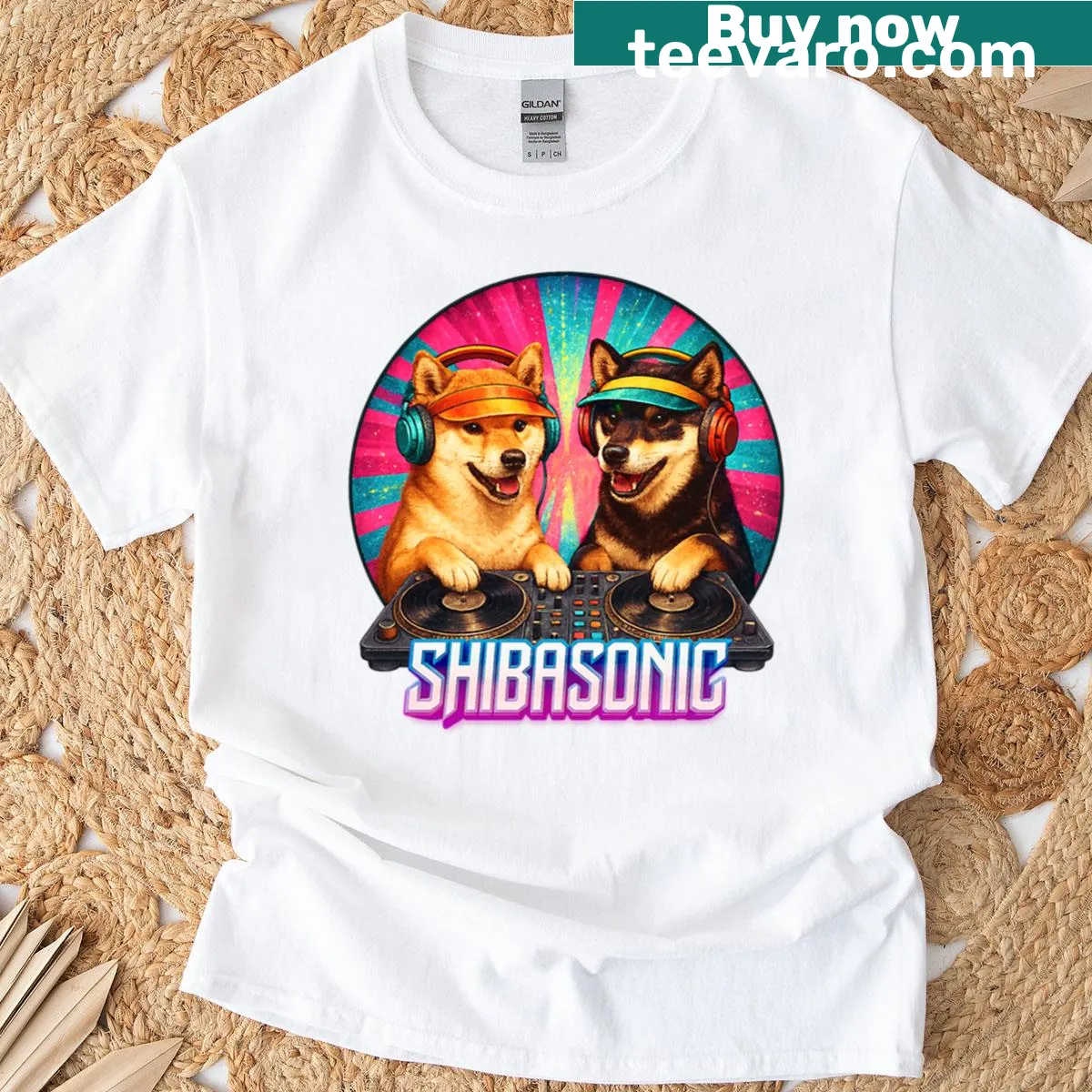 Oversized T-shirt with playful DJ Shiba Inu illustration — on a men's t-shirt