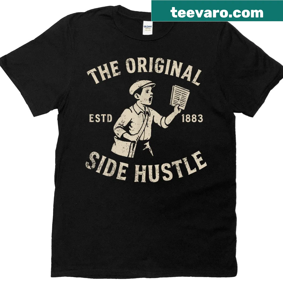 Vintage newspaper boy graphic T-shirt with a side hustle theme — on a men's t-shirt