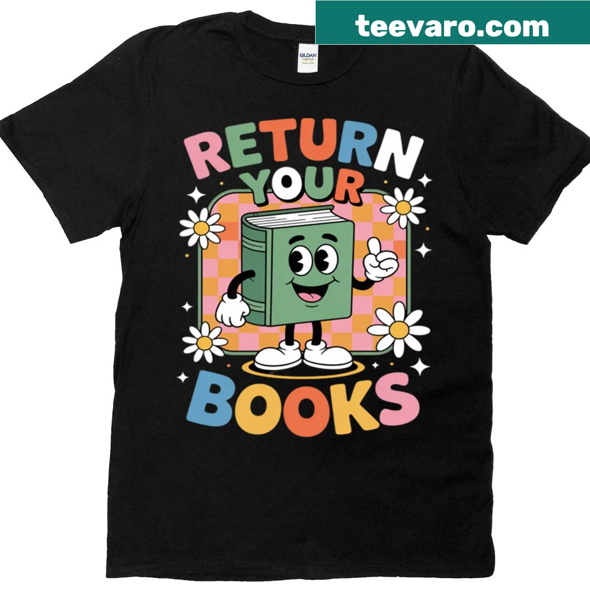 Text-based T-shirt with a reminder to return borrowed books for librarians — on a men's t-shirt