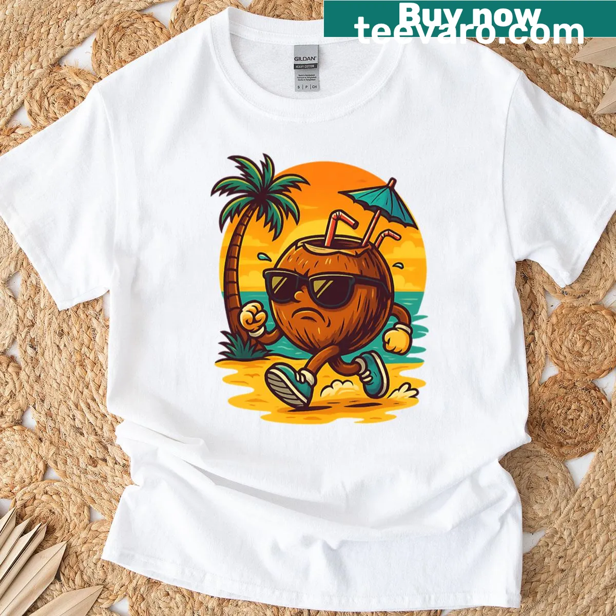 Cartoon coconut with sunglasses and text 'Hustle Mode On' — on a men's t-shirt